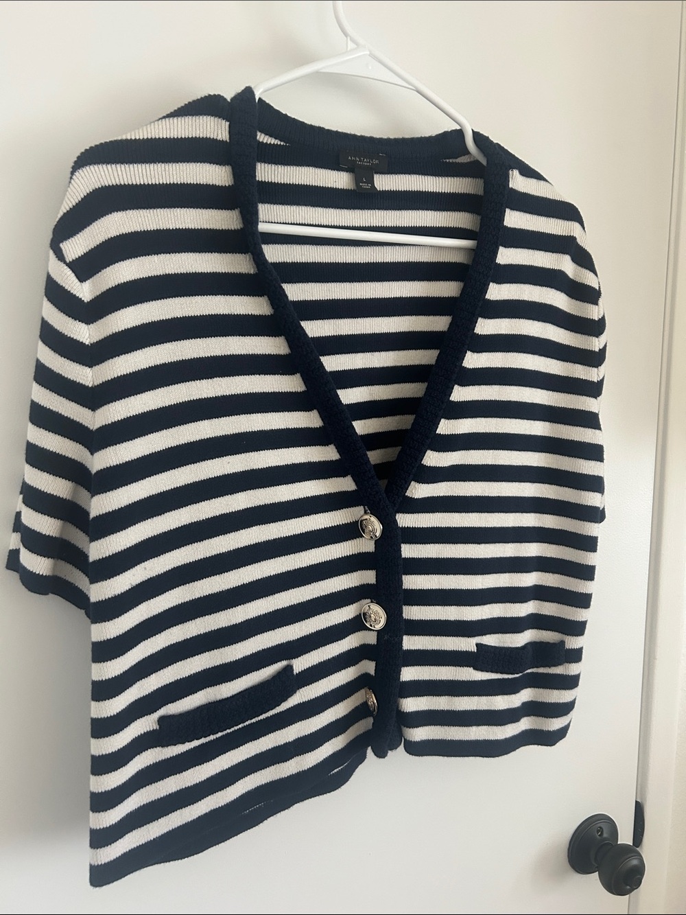 Ann Taylor Factory Black & White Striped Short-Sleeve Cardigan